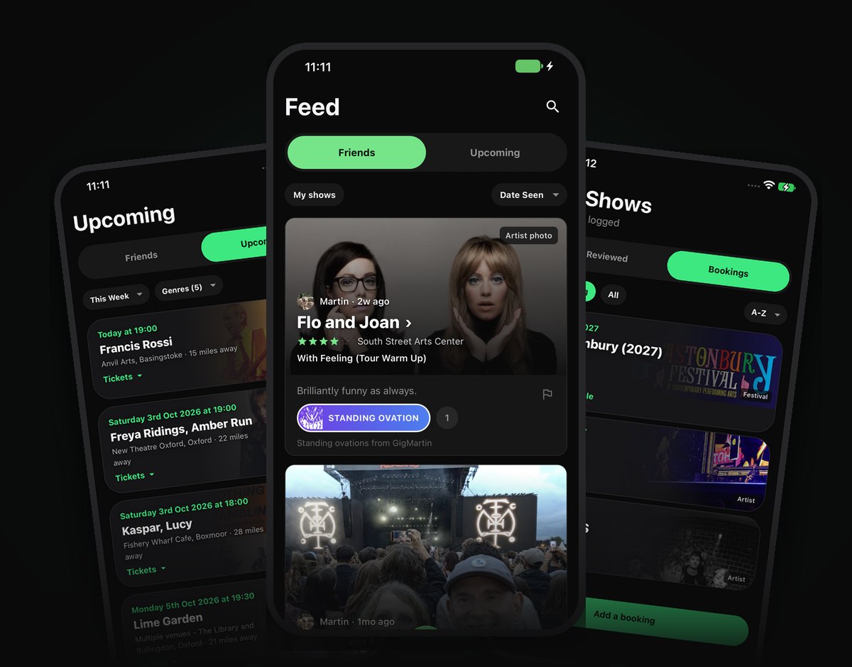GigPigeon on iPhone, showing the Feed, Upcoming and Bookings screens