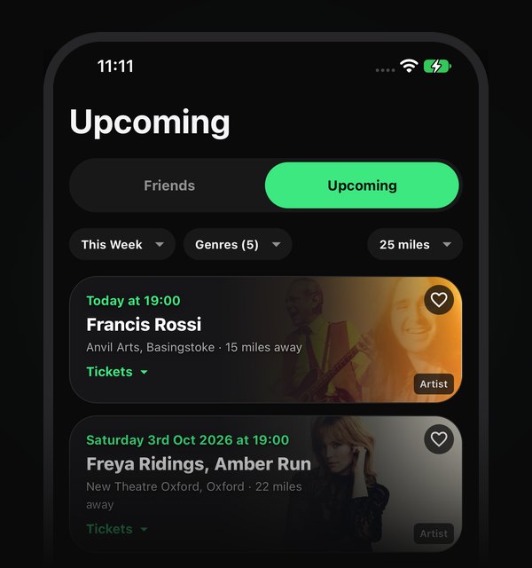 The Upcoming screen listing gigs near you