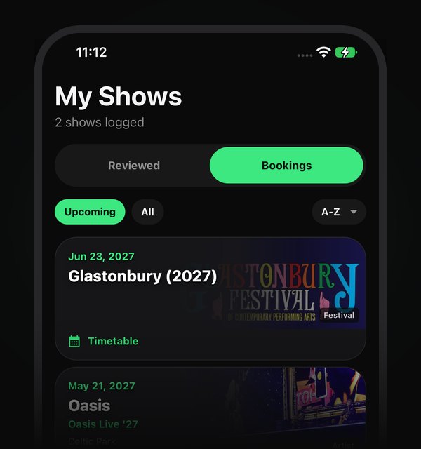The Bookings screen with upcoming gigs and festivals